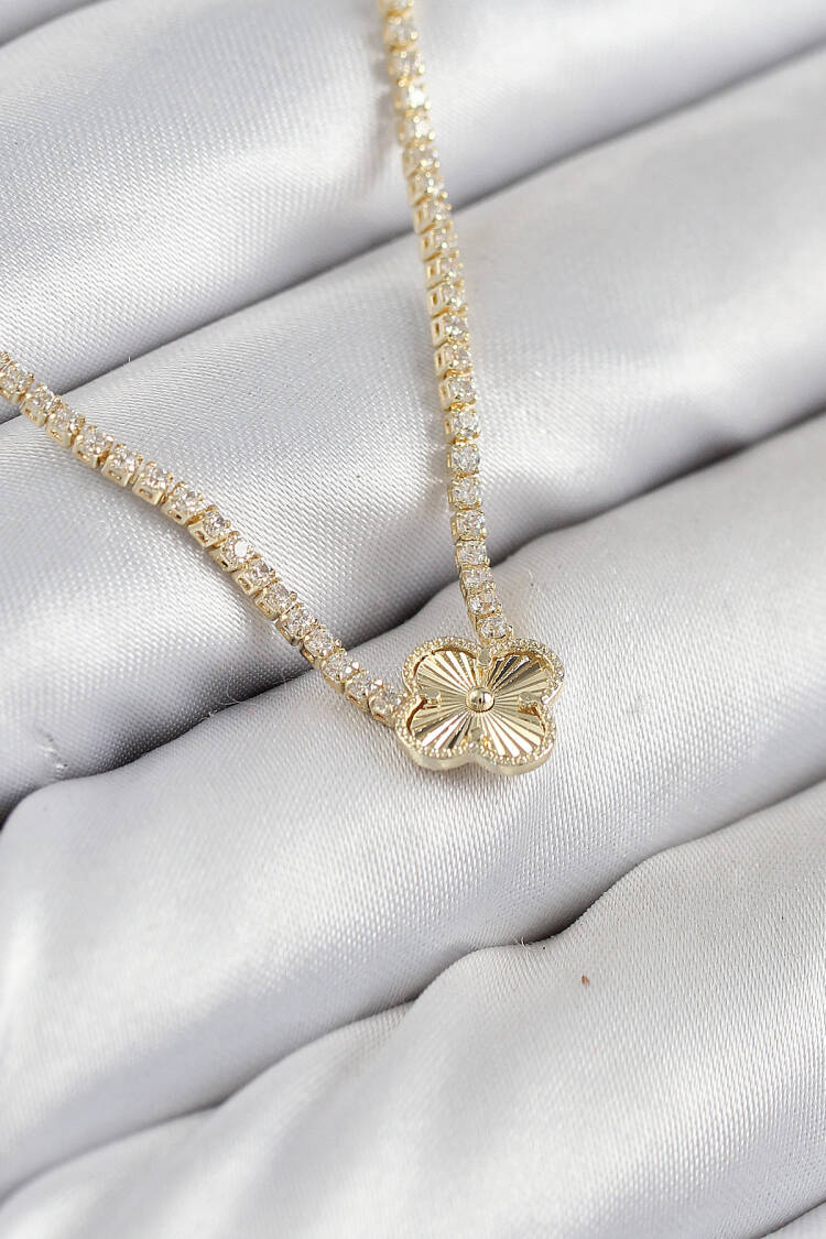 Brass Zircon Stone Clover Pattern Gold Color Women Necklace - Brand: Ebijuteri - Women & Kids, Baby Clothes Wholesale - Globality Store
