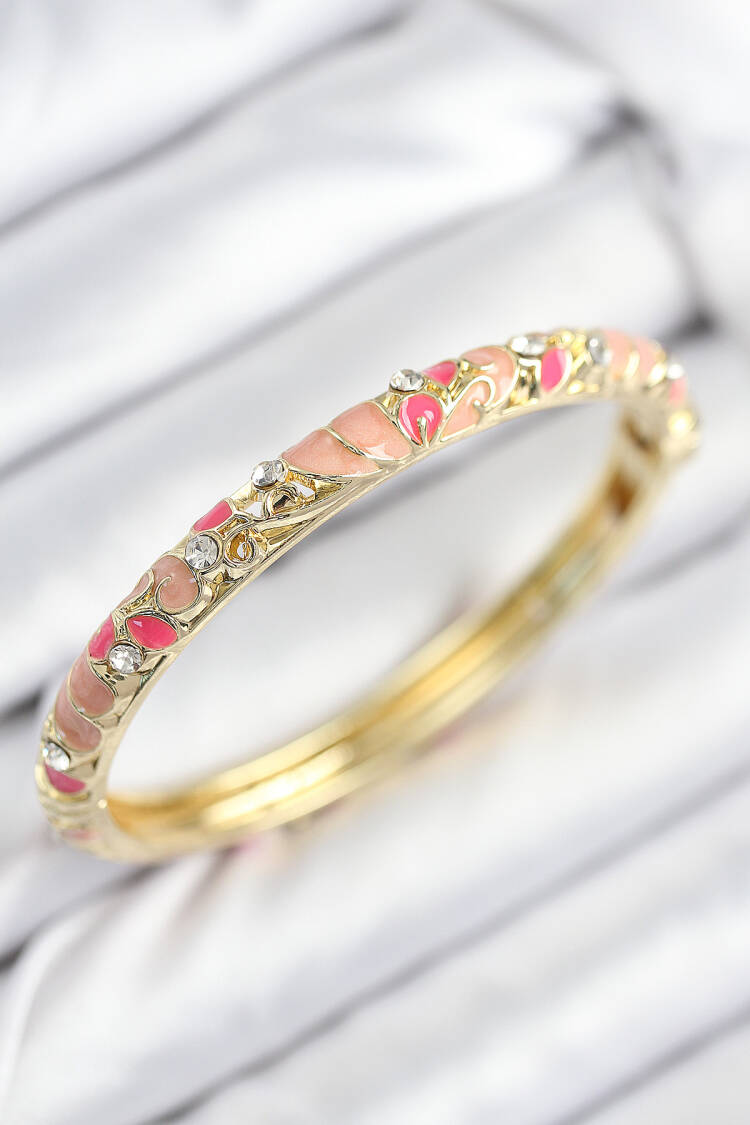 Gold Women's Clamp With Enameled Brass Zircon Stone Pink Flower Motif - Brand: Ebijuteri - Women & Kids, Baby Clothes Wholesale - Globality Store