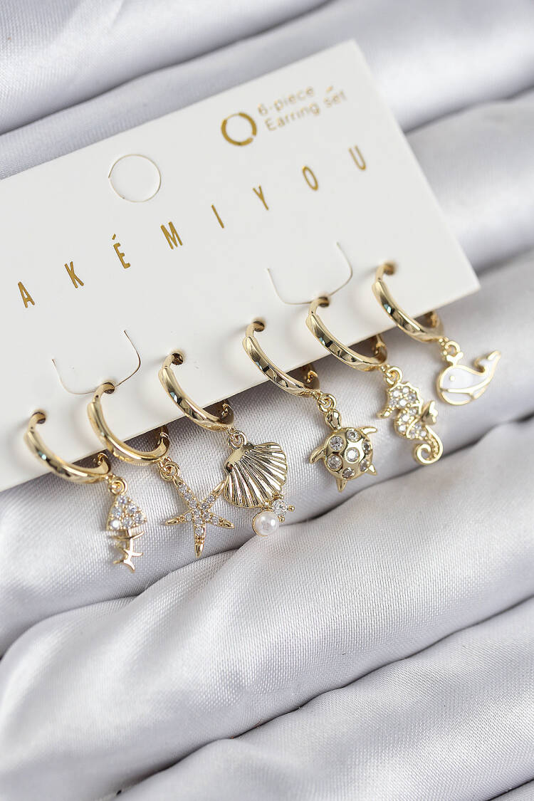 Brass Zircon Stone Oyster Whale And Star Gold Color Set Of 6 Earrings - Brand: Ebijuteri - Women & Kids, Baby Clothes Wholesale - Globality Store