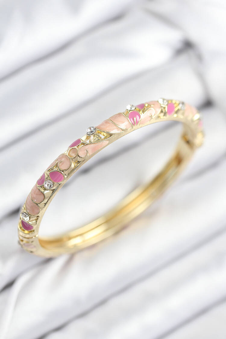 Gold Women's Clamp With Enameled Brass Zircon Stone Pink Flower Motif - Brand: Ebijuteri - Women & Kids, Baby Clothes Wholesale - Globality Store