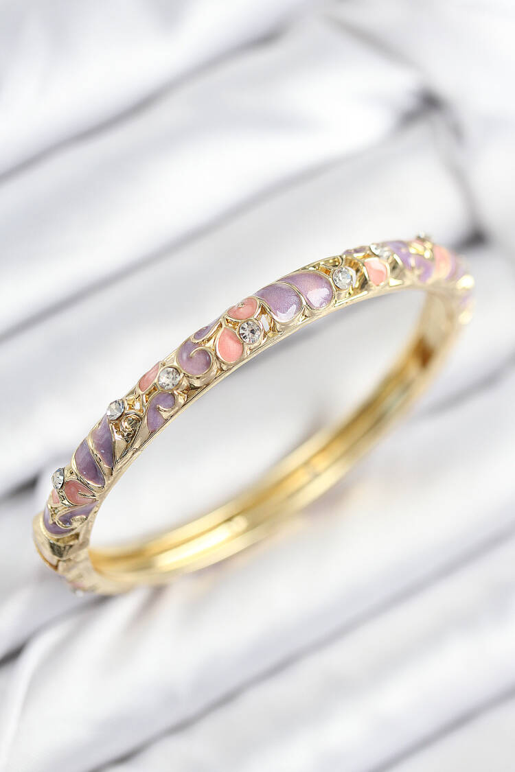 Pink Purple Flower Motif Gold Women's Clamp With Enameled Brass Zircon Stone - Brand: Ebijuteri - Women & Kids, Baby Clothes Wholesale - Globality Store