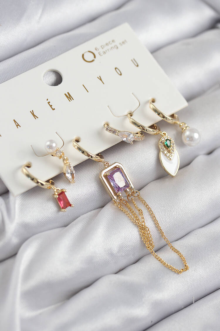 Brass Zirconia Stone Swinging And Pearl Gold Color Set Of 6 Earrings - Brand: Ebijuteri - Women & Kids, Baby Clothes Wholesale - Globality Store