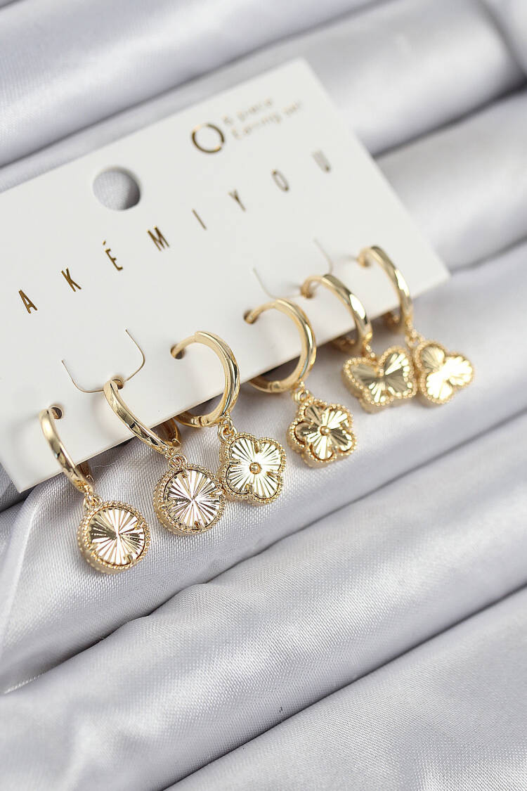 Brass Zircon Stone Clover Model Gold Color Set Of 6 Earrings - Brand: Ebijuteri - Women & Kids, Baby Clothes Wholesale - Globality Store