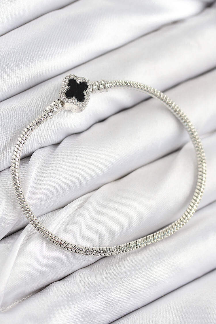 Brass Charm Zircon Stone Clover Pattern Silver Color Women's Bracelet - Brand: Ebijuteri - Women & Kids, Baby Clothes Wholesale - Globality Store