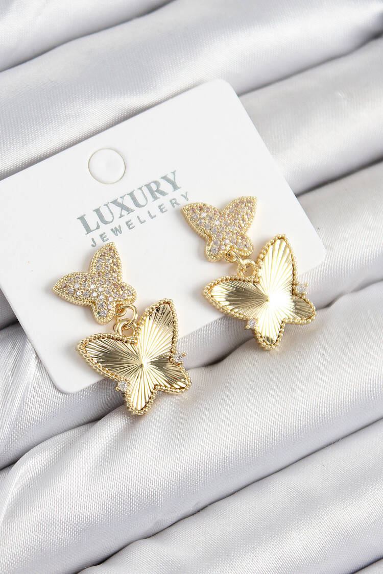 Brass Zircon Stone Butterfly Pattern Gold Color Women's Earrings - Brand: Ebijuteri - Women & Kids, Baby Clothes Wholesale - Globality Store