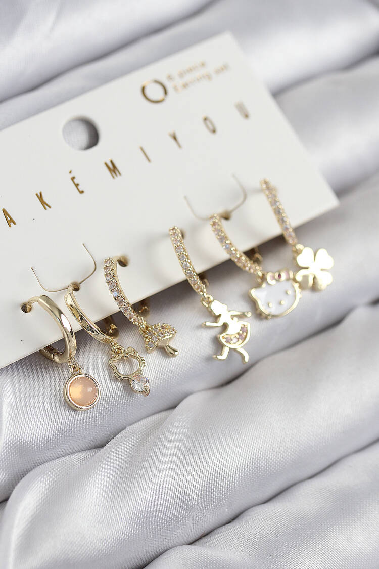 Brass Zircon Stone Hello Kity And Clover Model Gold Color Set Of 6 Earrings - Brand: Ebijuteri - Women & Kids, Baby Clothes Wholesale - Globality Store