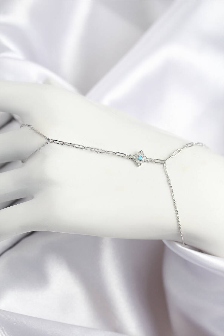 Blue Beaded Clover Pattern Silver Color Shahmeran With Brass Zircon Stone - Brand: Ebijuteri - Women & Kids, Baby Clothes Wholesale - Globality Store