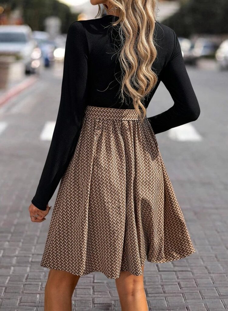 Black Fit And Flare Dress With Herringbone Pattern