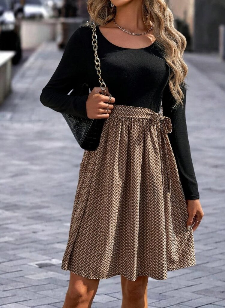 Black Fit And Flare Dress With Herringbone Pattern