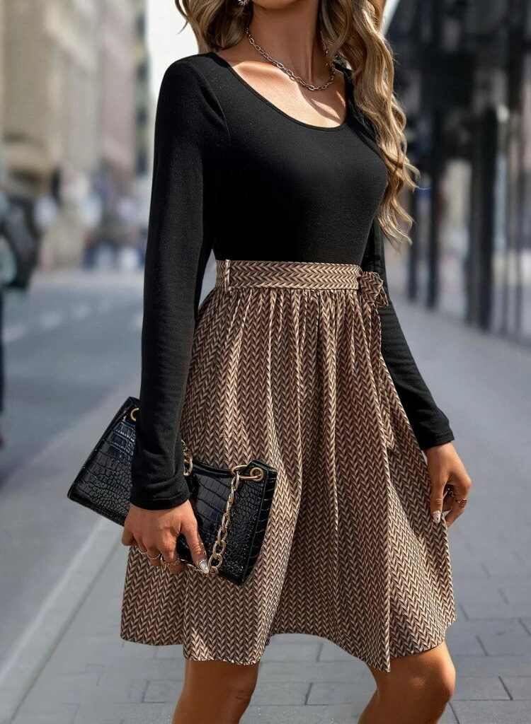 Black Fit And Flare Dress With Herringbone Pattern
