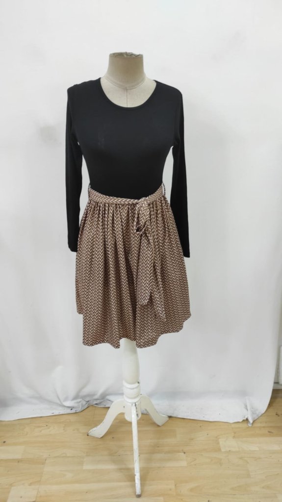 Black Fit And Flare Dress With Herringbone Pattern