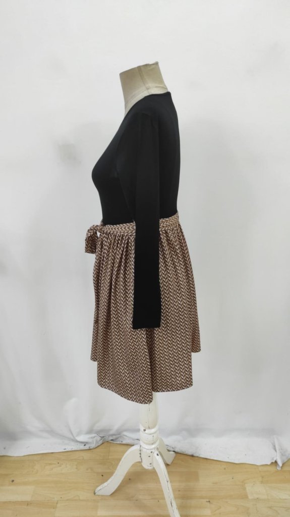 Black Fit And Flare Dress With Herringbone Pattern