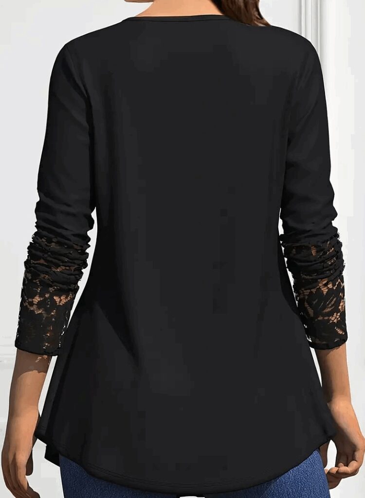 Black Elegant V-Neck Blouse With Long Sleeves