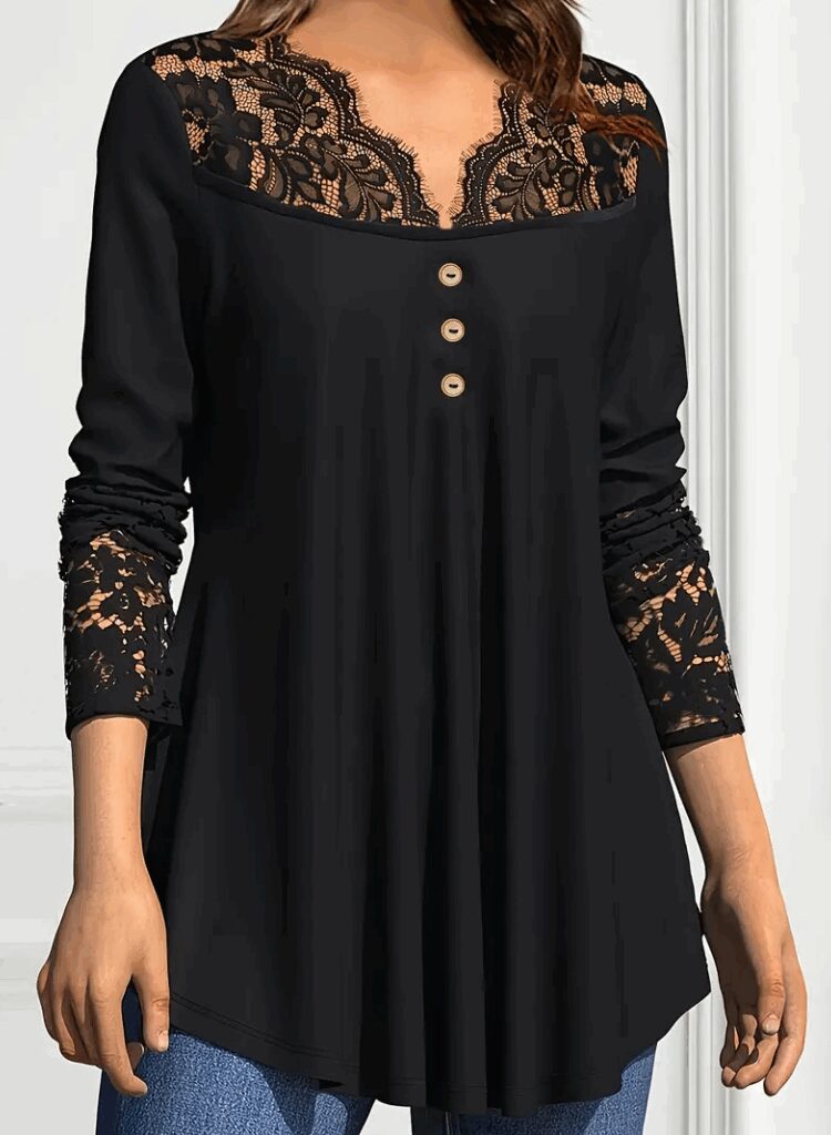 Black Elegant V-Neck Blouse With Long Sleeves