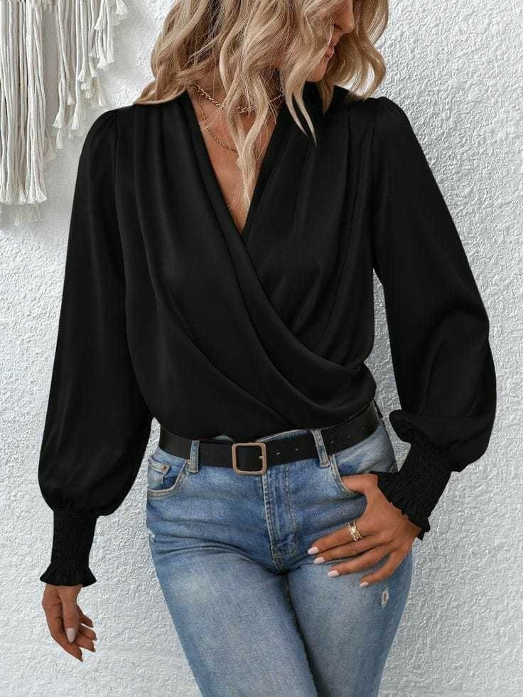 Elegant Black Blouse With Bishop Sleeves