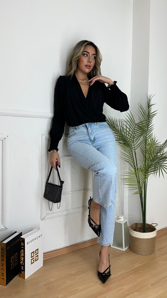 Elegant Black Blouse With Bishop Sleeves