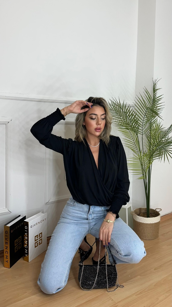 Elegant Black Blouse With Bishop Sleeves