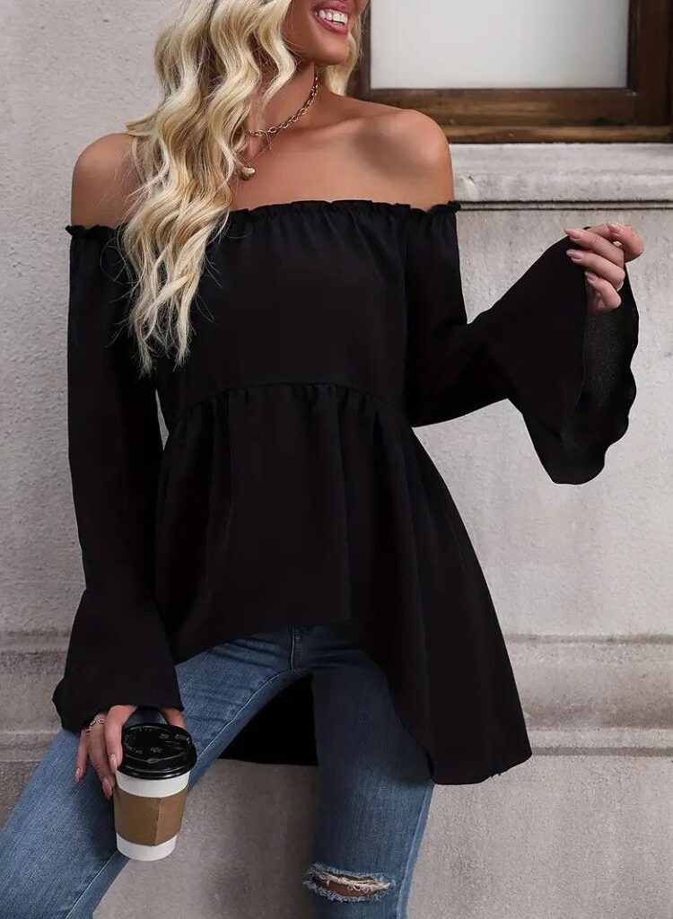 Blouse With Bell Sleeves And Off Shoulder Neck