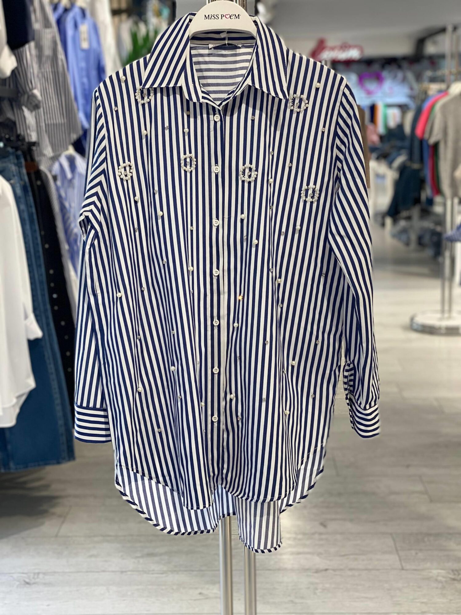 Navy Blue Casual Elegant Shirt With Notched Neck - Brand: MISS POEM - Women & Kids, Baby Clothes Wholesale - Globality Store
