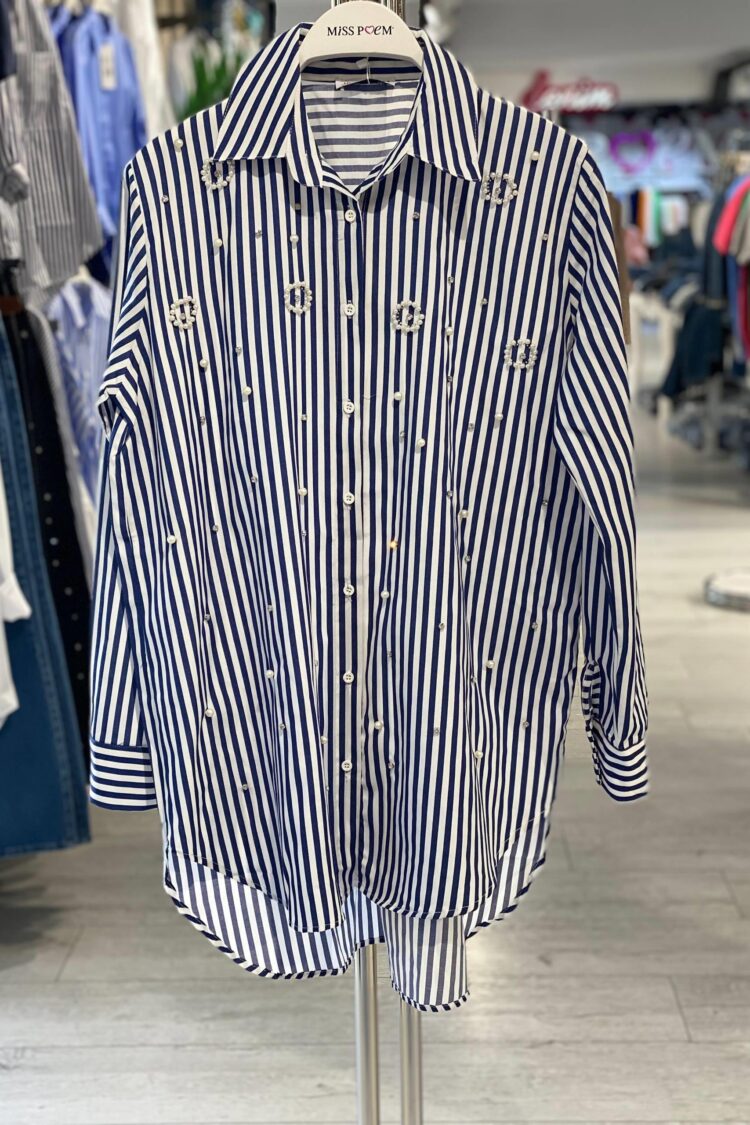 Navy Blue Casual Elegant Shirt With Notched Neck - Brand: MISS POEM - Women & Kids, Baby Clothes Wholesale - Globality Store