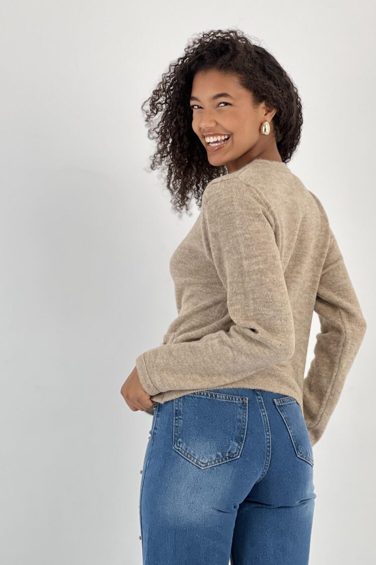 Beige Casual Elegant Cardigan With Patch Pocket