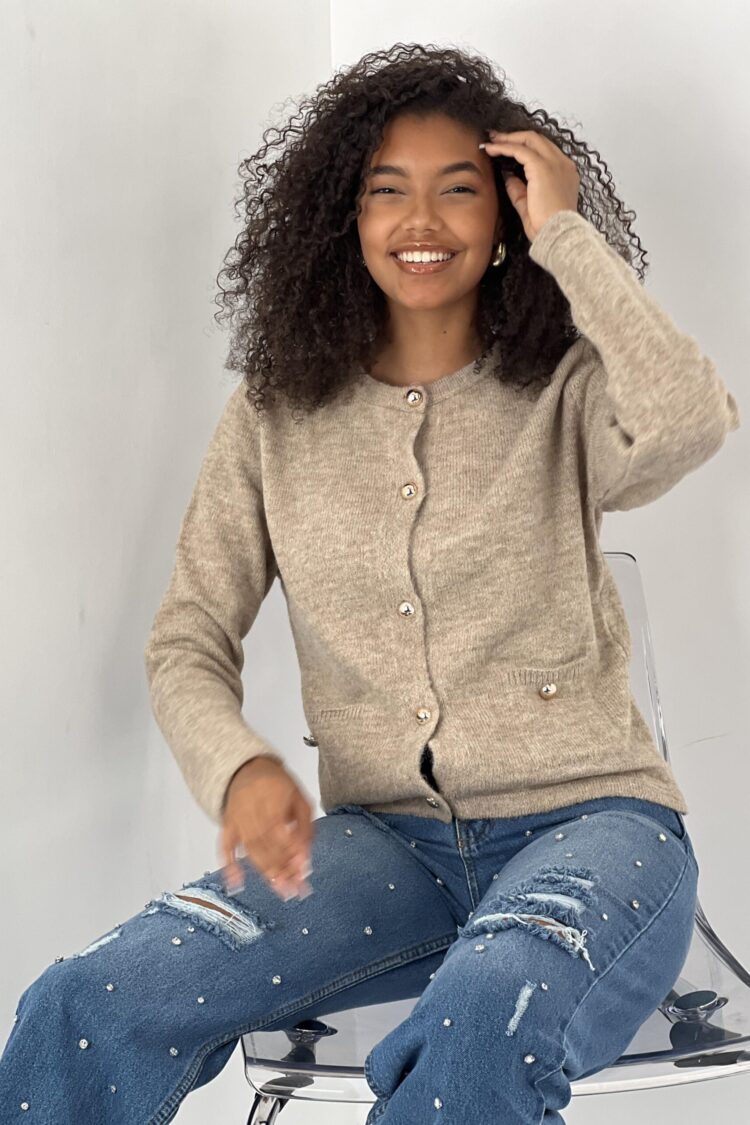 Beige Casual Elegant Cardigan With Patch Pocket