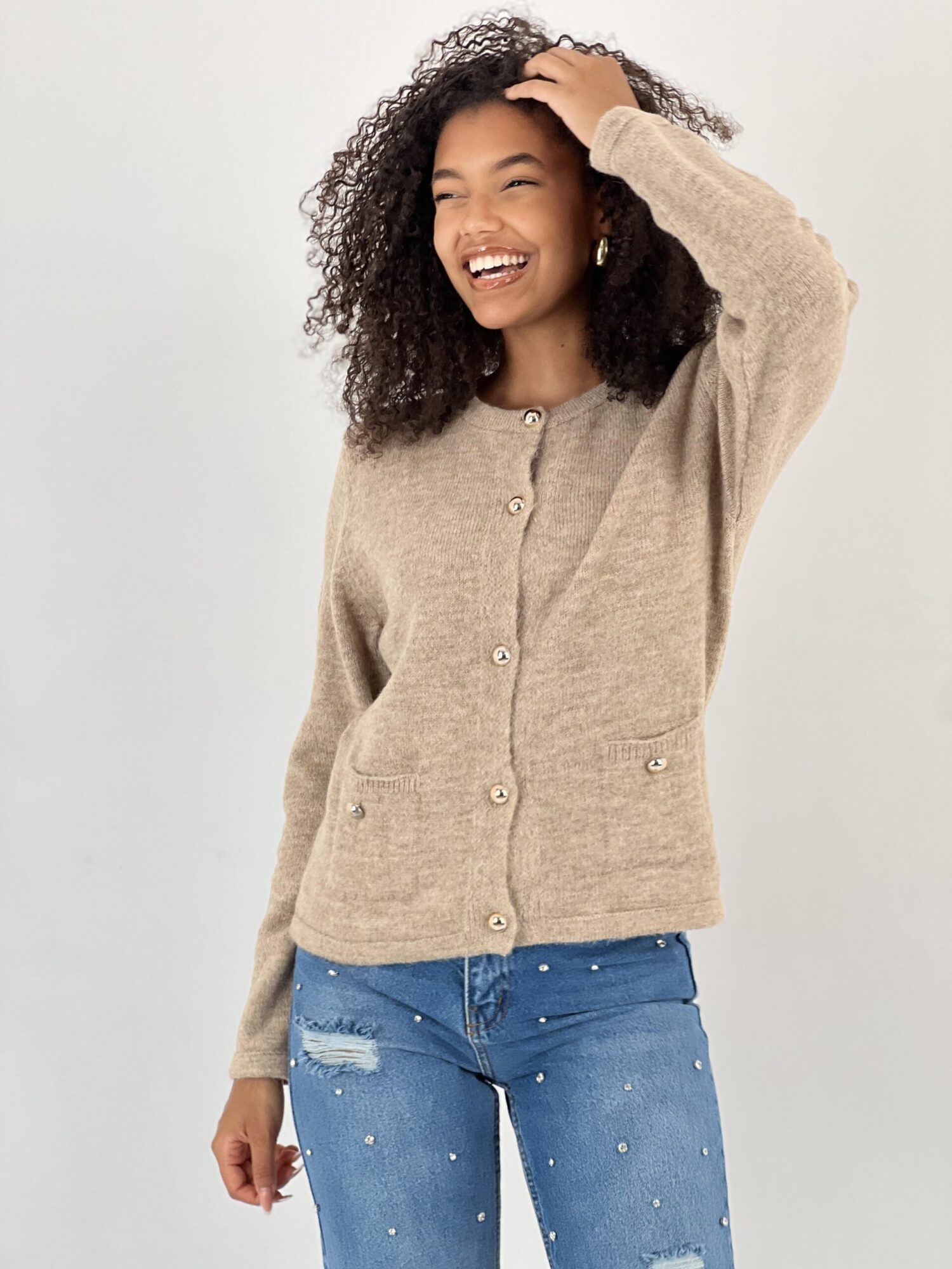 Beige Casual Elegant Cardigan With Patch Pocket - Brand: MISS POEM - Women & Kids, Baby Clothes Wholesale - Globality Store