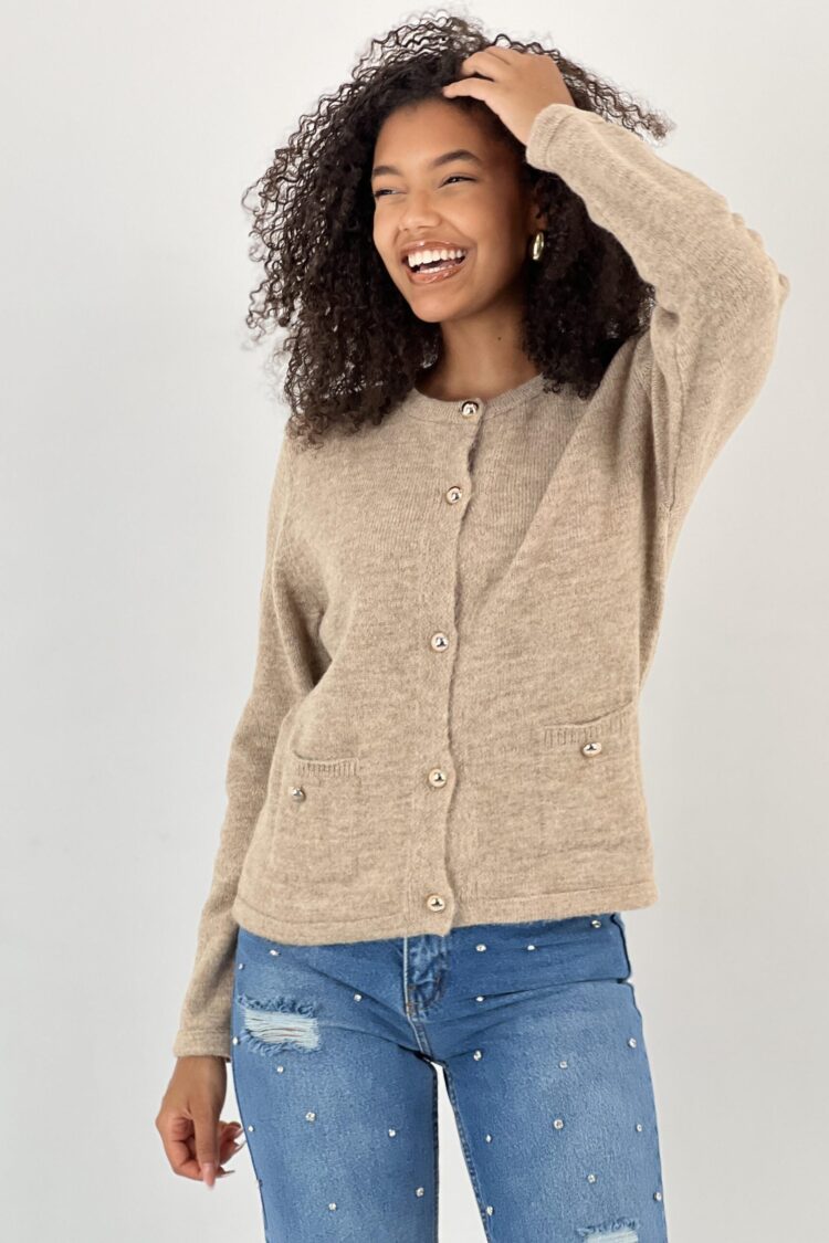 Beige Casual Elegant Cardigan With Patch Pocket
