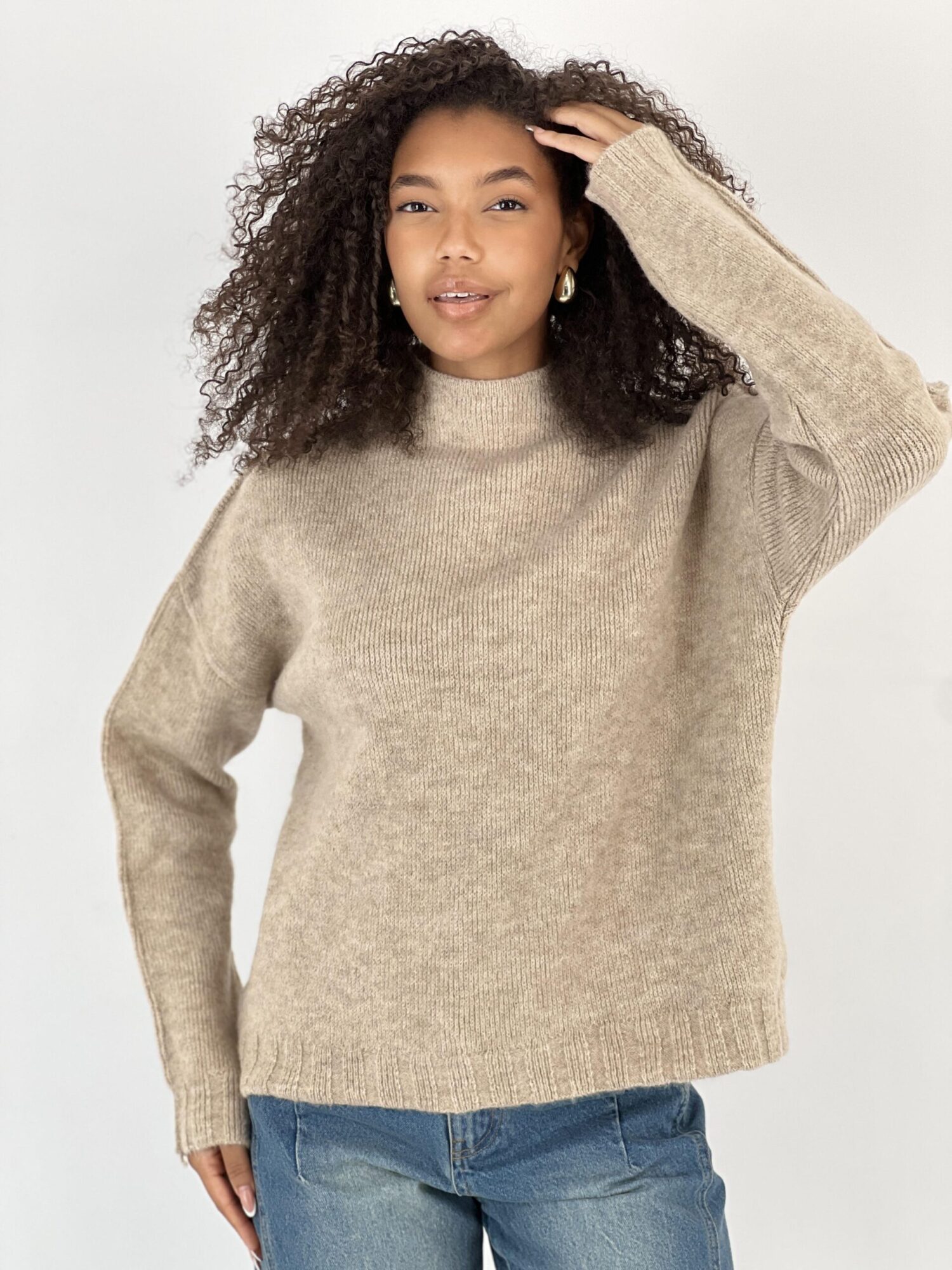 Beige Oversized Fit High Neck Sweater - Brand: MISS POEM - Women & Kids, Baby Clothes Wholesale - Globality Store