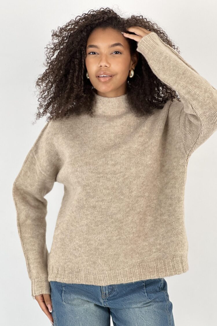 Beige Oversized Fit High Neck Sweater - Brand: MISS POEM - Women & Kids, Baby Clothes Wholesale - Globality Store