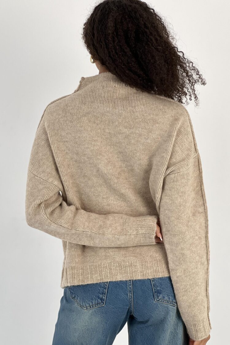 Beige Oversized Fit High Neck Sweater