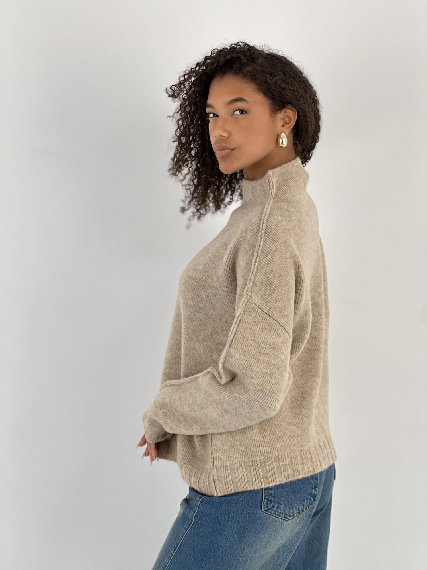 Beige Oversized Fit High Neck Sweater - Brand: MISS POEM - Women & Kids, Baby Clothes Wholesale - Globality Store