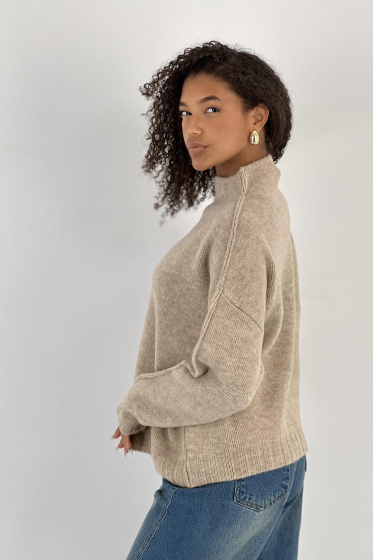 Beige Oversized Fit High Neck Sweater
