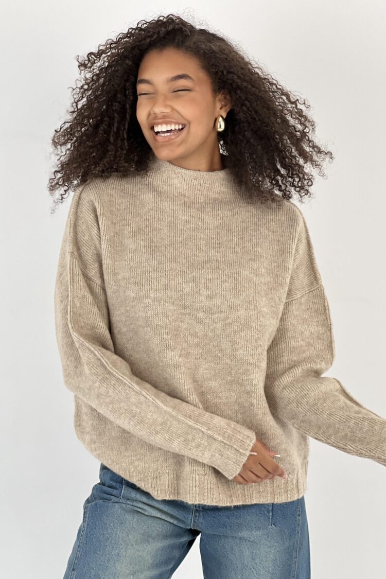 Beige Oversized Fit High Neck Sweater
