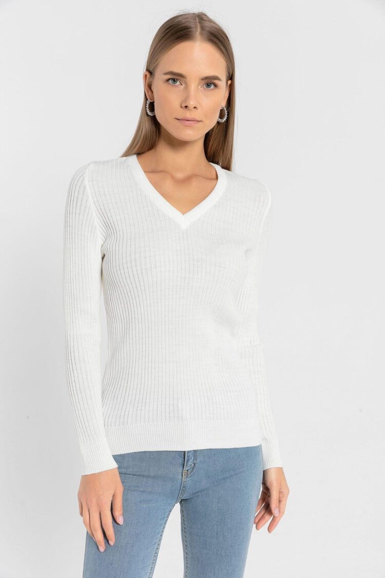 White Striped V-Neck Slim Fit Sweater