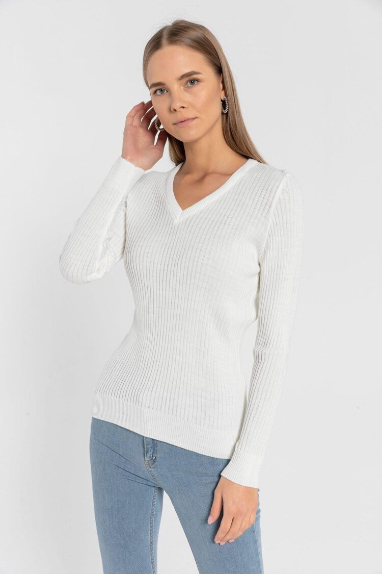 White Striped V-Neck Slim Fit Sweater - Brand: MISS POEM - Women & Kids, Baby Clothes Wholesale - Globality Store