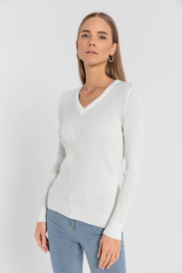 White Striped V-Neck Slim Fit Sweater