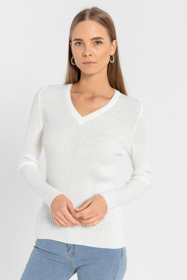 White Striped V-Neck Slim Fit Sweater