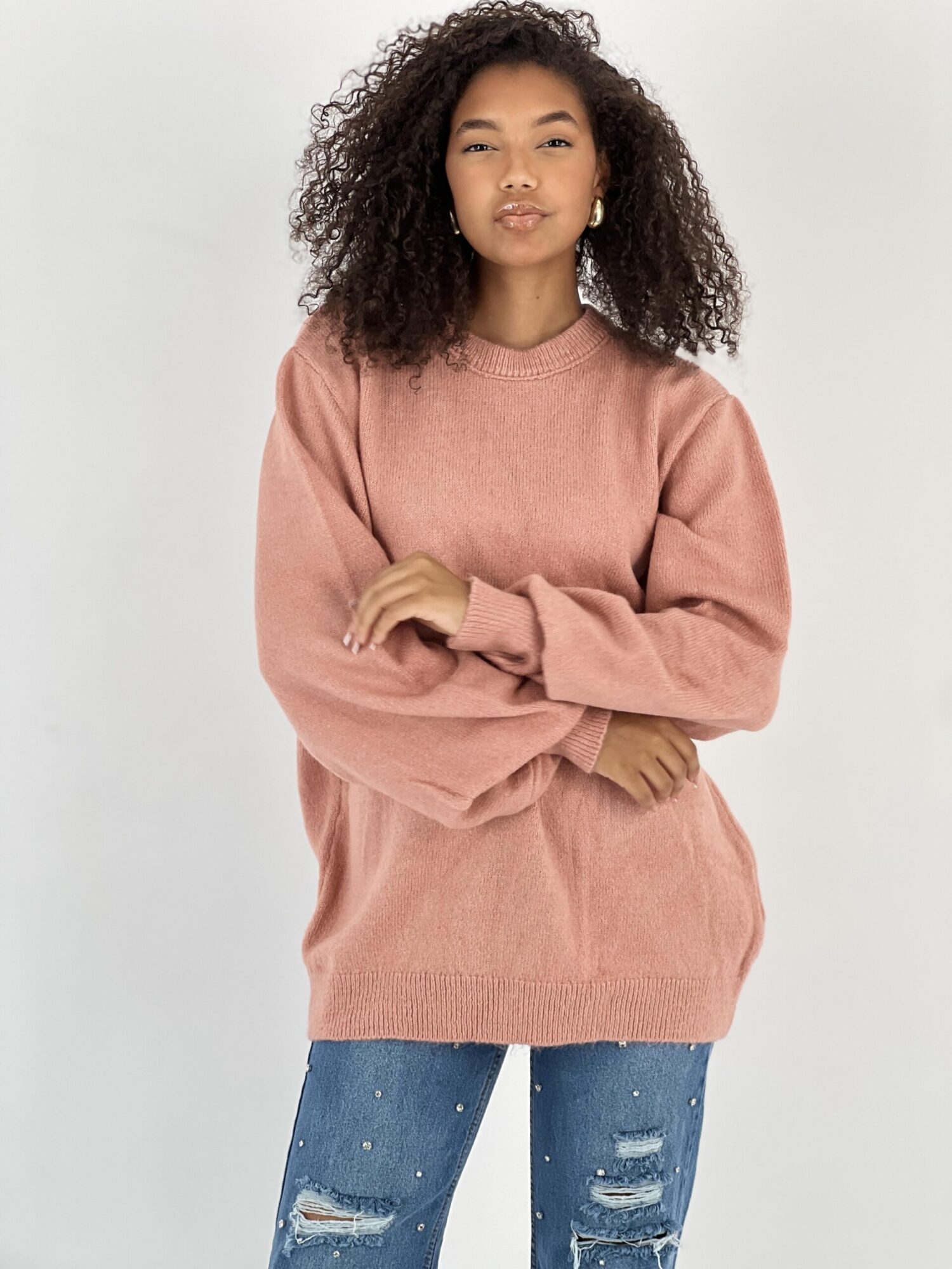 Pink Oversized Fit Sweater With Round Neck - Brand: MISS POEM - Women & Kids, Baby Clothes Wholesale - Globality Store