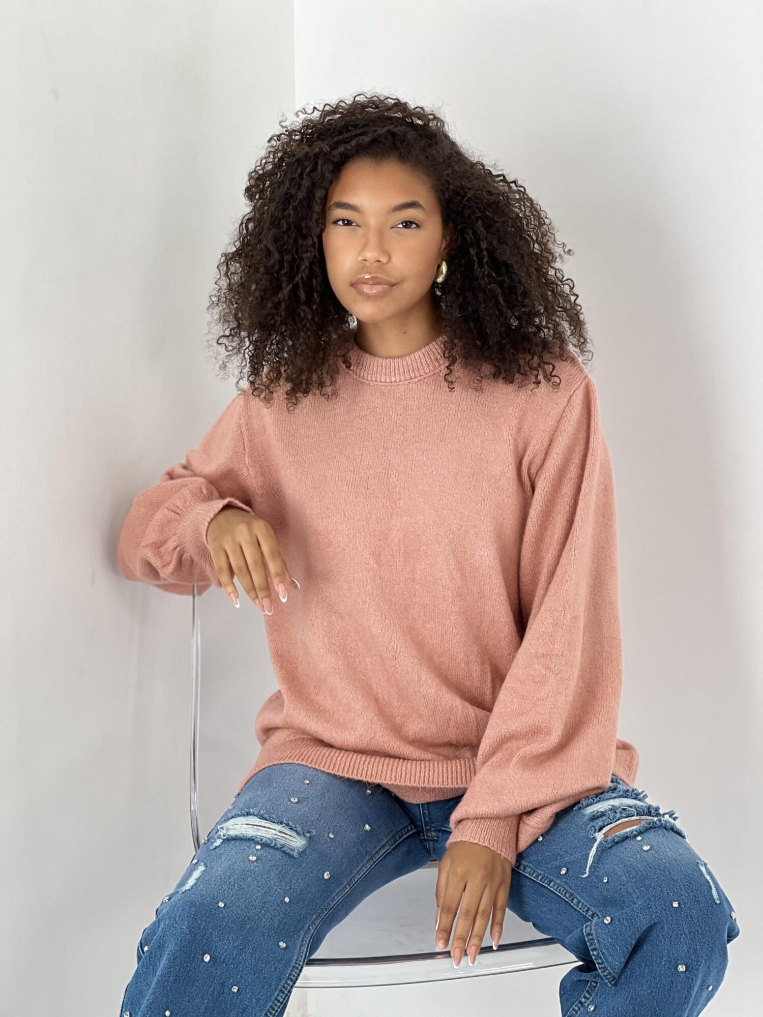 Pink Oversized Fit Sweater With Round Neck - Brand: MISS POEM - Women & Kids, Baby Clothes Wholesale - Globality Store