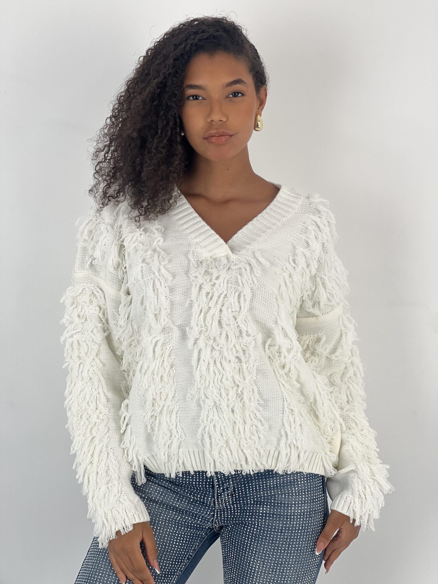 White Oversized Fit V-Neck Sweater - Brand: MISS POEM - Women & Kids, Baby Clothes Wholesale - Globality Store