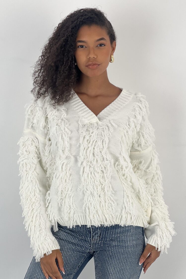 White Oversized Fit V-Neck Sweater - Brand: MISS POEM - Women & Kids, Baby Clothes Wholesale - Globality Store