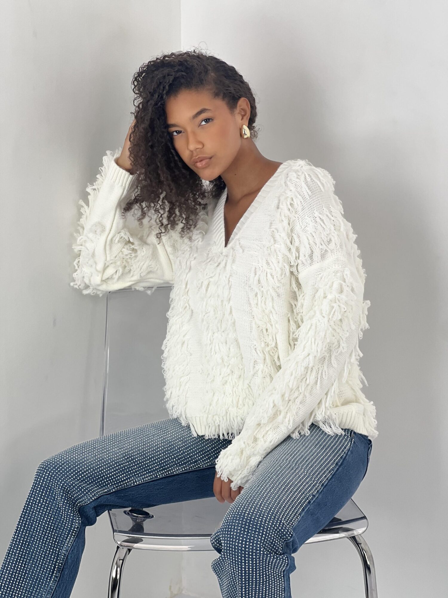 White Oversized Fit V-Neck Sweater - Brand: MISS POEM - Women & Kids, Baby Clothes Wholesale - Globality Store
