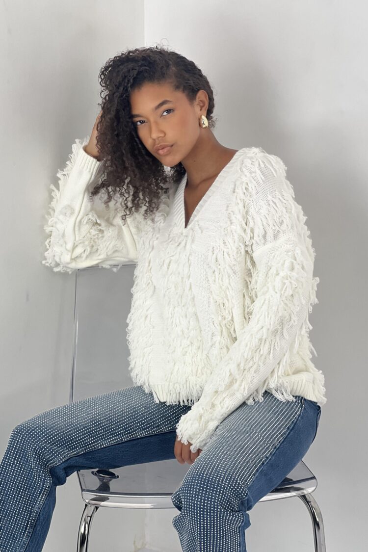 White Oversized Fit V-Neck Sweater