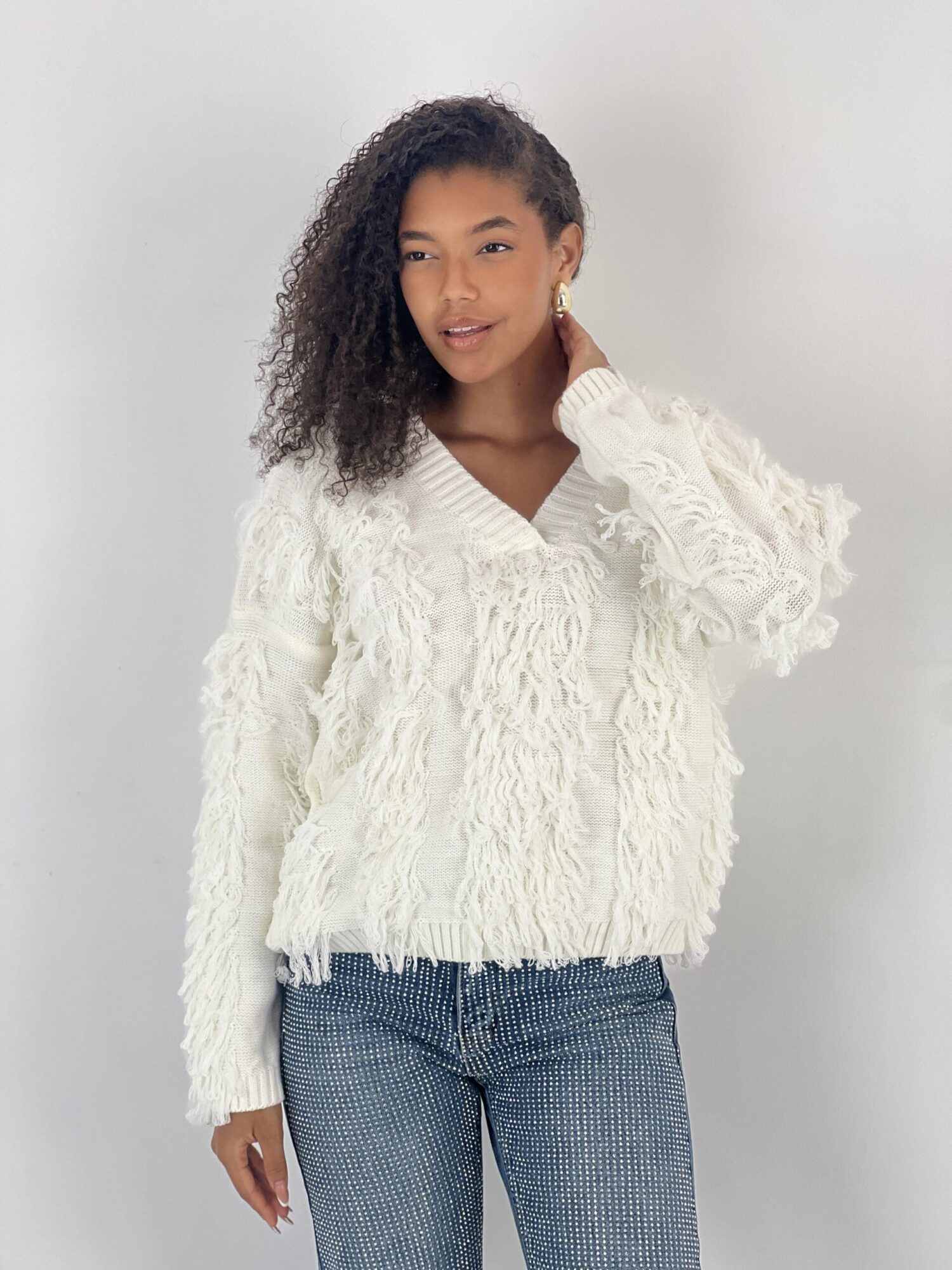 White Oversized Fit V-Neck Sweater - Brand: MISS POEM - Women & Kids, Baby Clothes Wholesale - Globality Store