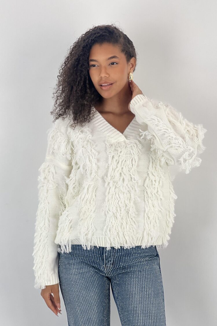 White Oversized Fit V-Neck Sweater