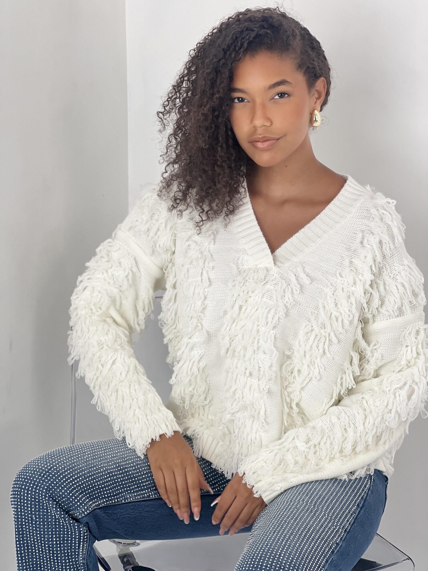 White Oversized Fit V-Neck Sweater - Brand: MISS POEM - Women & Kids, Baby Clothes Wholesale - Globality Store