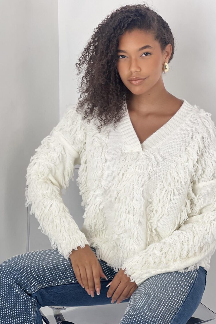 White Oversized Fit V-Neck Sweater