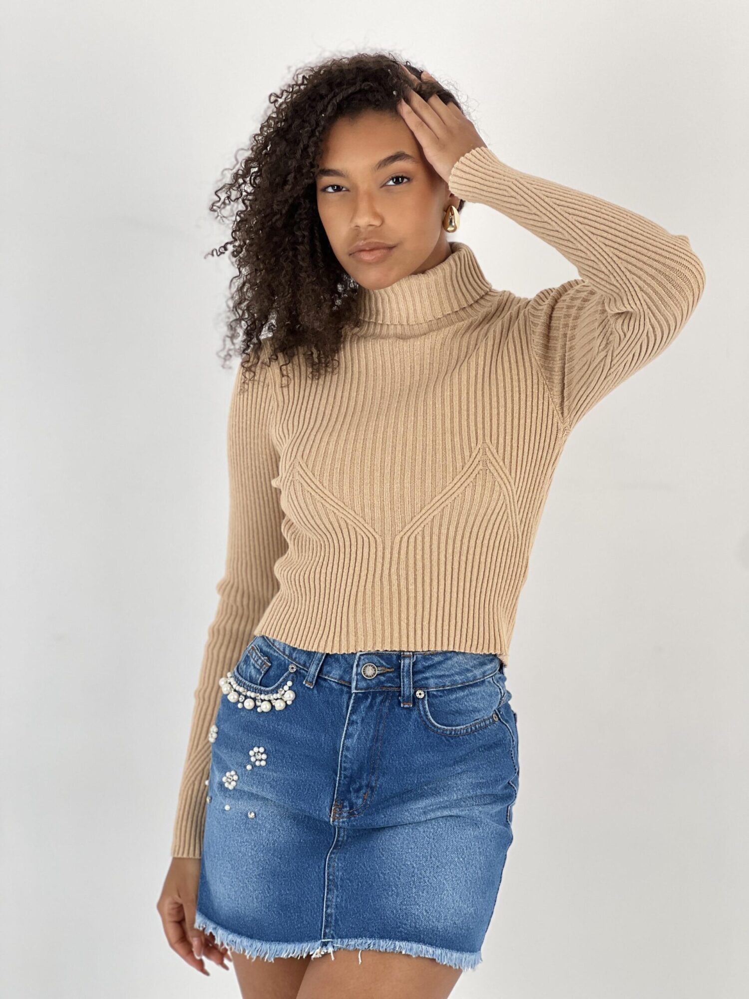 Beige Turtle Neck Slim Fit Sweater - Brand: MISS POEM - Women & Kids, Baby Clothes Wholesale - Globality Store