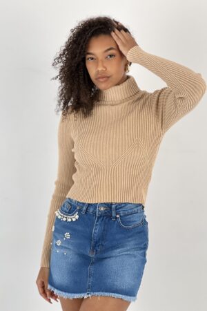 Beige Turtle Neck Slim Fit Sweater - Brand: MISS POEM - Women & Kids, Baby Clothes Wholesale - Globality Store